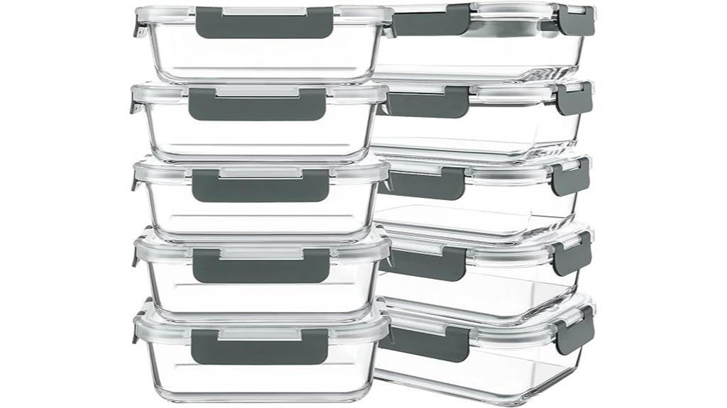 ten glass food storage containers