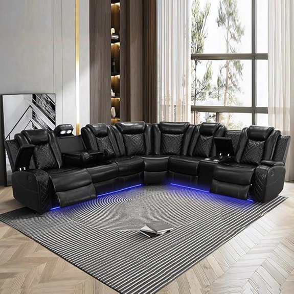 Leather Recliner Sectional Sofa with USB & LED Lights