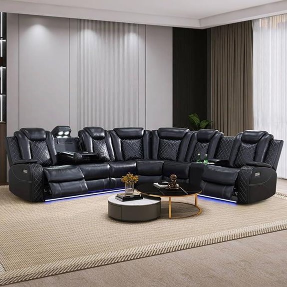 Black Leather Reclining Sectional Sofa with LED Light